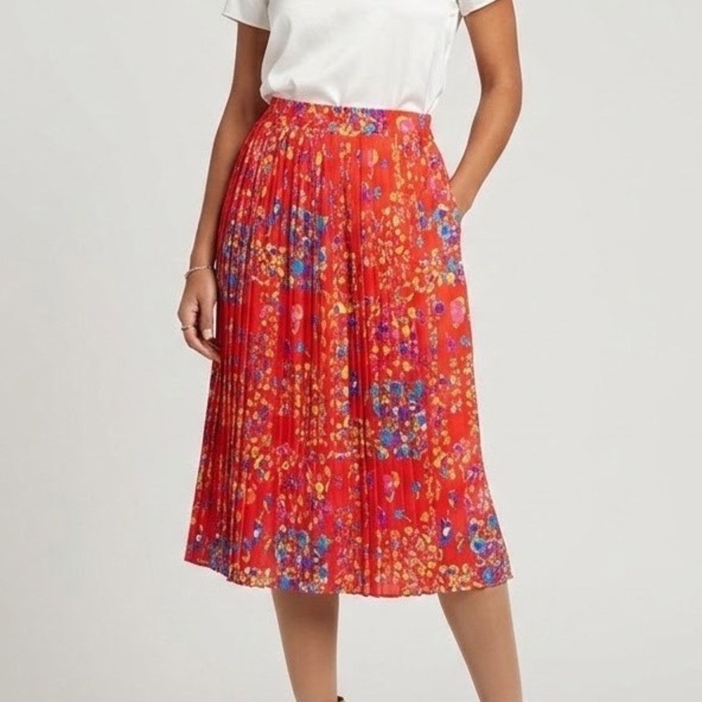 IB Diffusion Skirt‎  8 Red Floral Accordion Pleated Maxi Vintage 90s Cottagecore